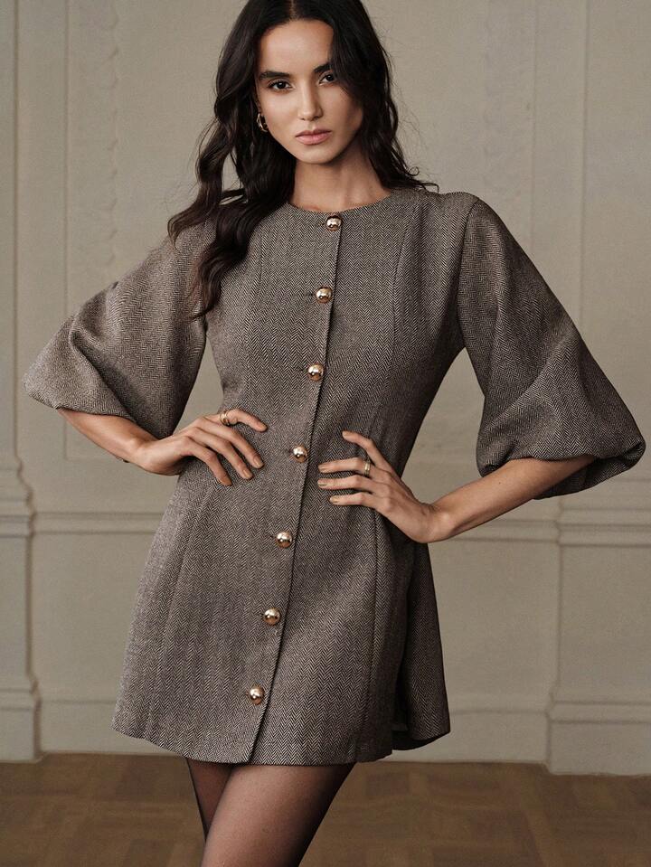 CM-DS176115 Women Elegant Seoul Style Round Neck Lantern Sleeve Single-Breasted Herringbone Knit Dress - Apricot