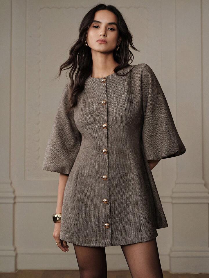 CM-DS176115 Women Elegant Seoul Style Round Neck Lantern Sleeve Single-Breasted Herringbone Knit Dress - Apricot