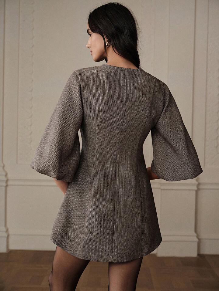 CM-DS176115 Women Elegant Seoul Style Round Neck Lantern Sleeve Single-Breasted Herringbone Knit Dress - Apricot