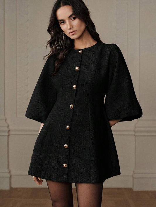 CM-DS700020 Women Elegant Seoul Style Round Neck Lantern Sleeve Single-Breasted Herringbone Knit Dress - Black