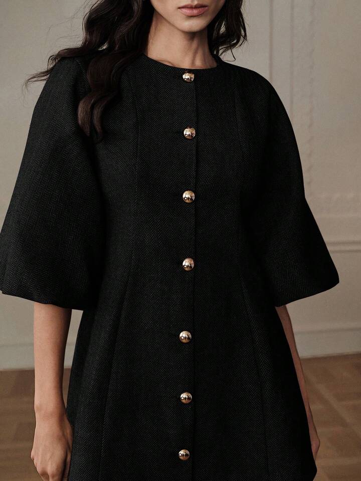 CM-DS700020 Women Elegant Seoul Style Round Neck Lantern Sleeve Single-Breasted Herringbone Knit Dress - Black