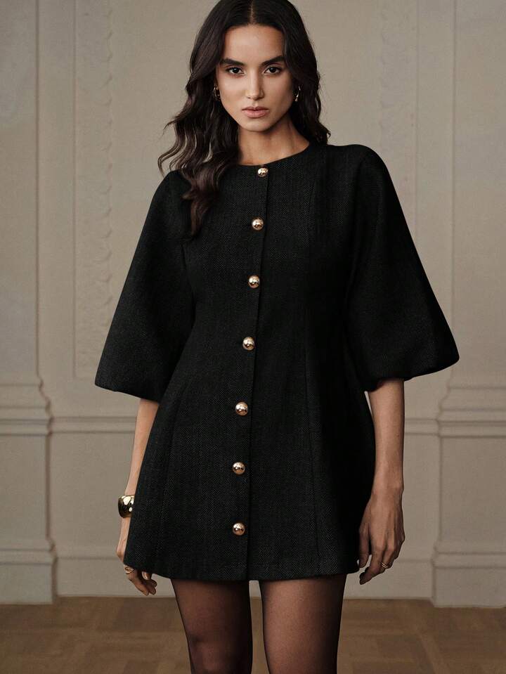 CM-DS700020 Women Elegant Seoul Style Round Neck Lantern Sleeve Single-Breasted Herringbone Knit Dress - Black