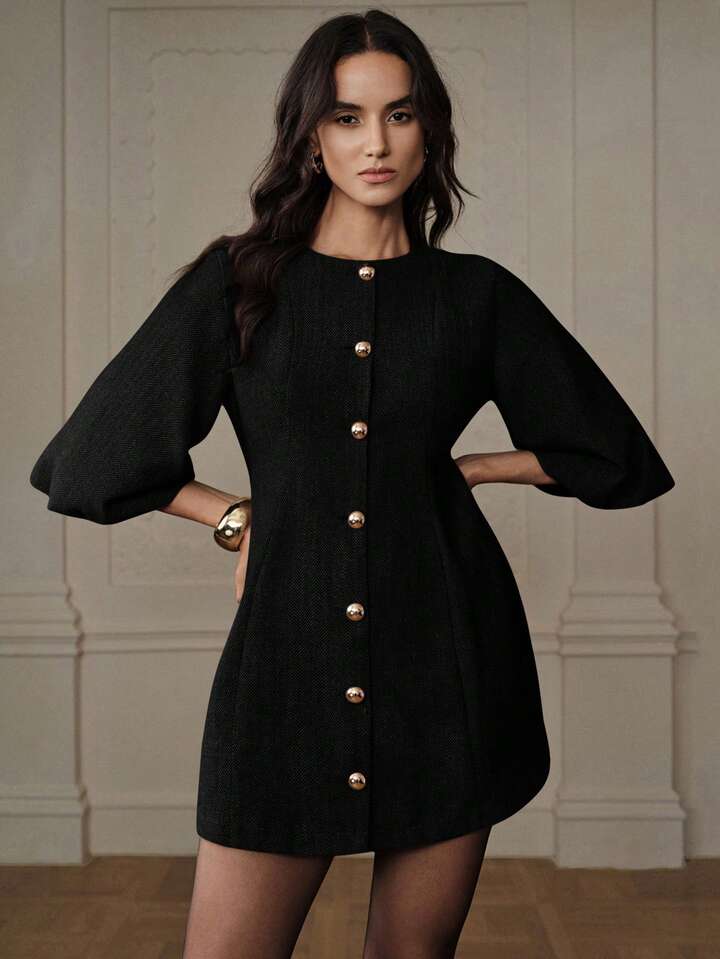 CM-DS700020 Women Elegant Seoul Style Round Neck Lantern Sleeve Single-Breasted Herringbone Knit Dress - Black