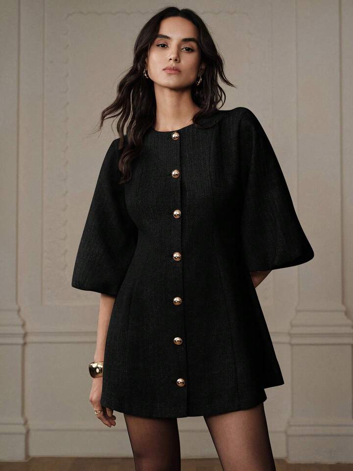 CM-DS700020 Women Elegant Seoul Style Round Neck Lantern Sleeve Single-Breasted Herringbone Knit Dress - Black