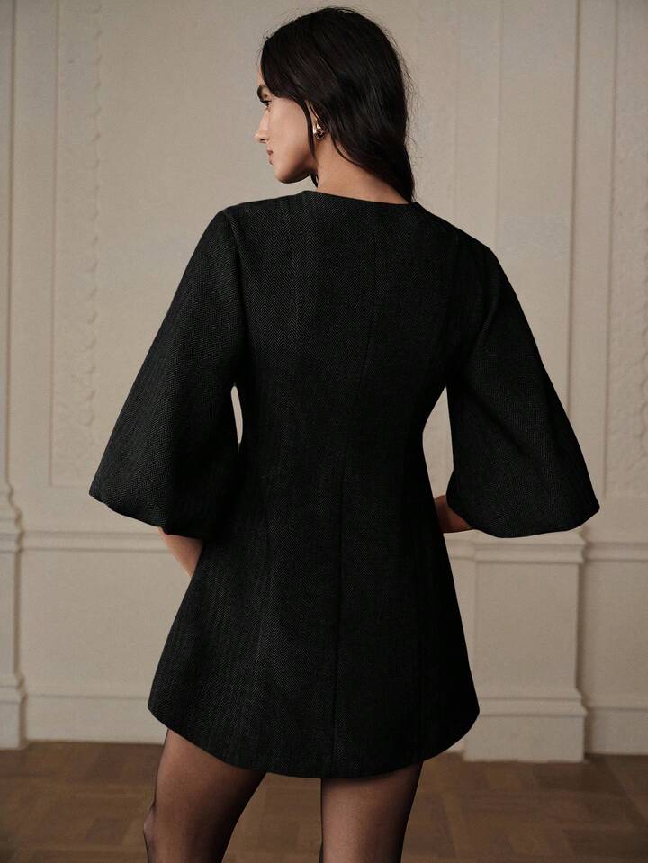 CM-DS700020 Women Elegant Seoul Style Round Neck Lantern Sleeve Single-Breasted Herringbone Knit Dress - Black