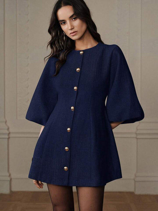 CM-DS277006 Women Elegant Seoul Style Round Neck Lantern Sleeve Single-Breasted Herringbone Knit Dress - Blue