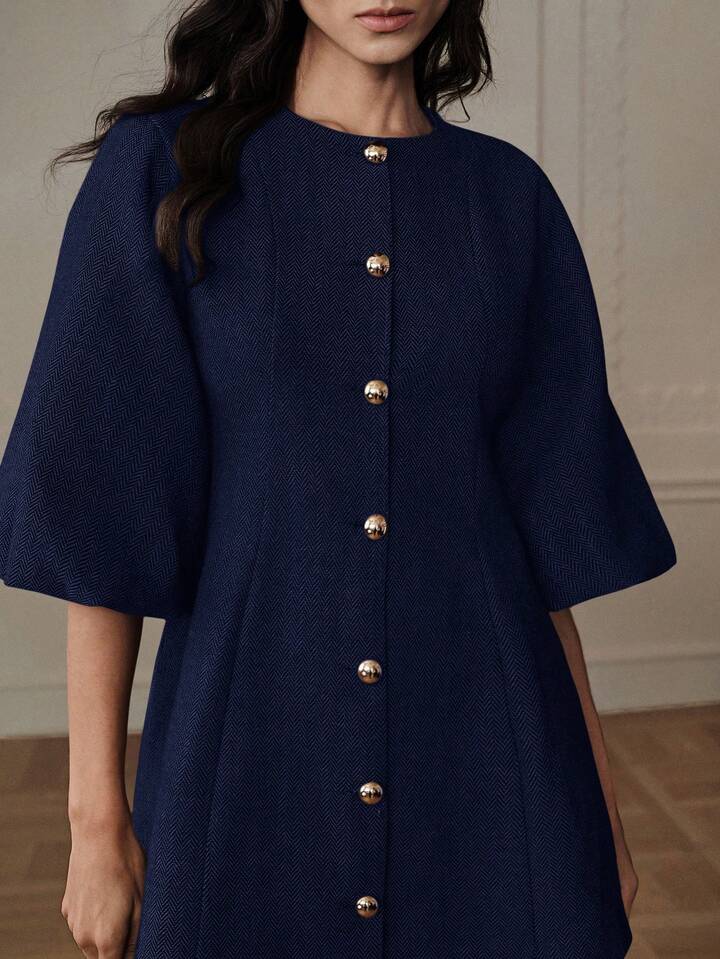 CM-DS277006 Women Elegant Seoul Style Round Neck Lantern Sleeve Single-Breasted Herringbone Knit Dress - Blue