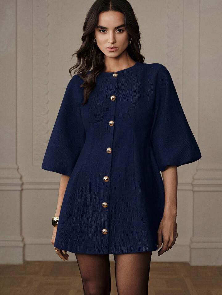 CM-DS277006 Women Elegant Seoul Style Round Neck Lantern Sleeve Single-Breasted Herringbone Knit Dress - Blue