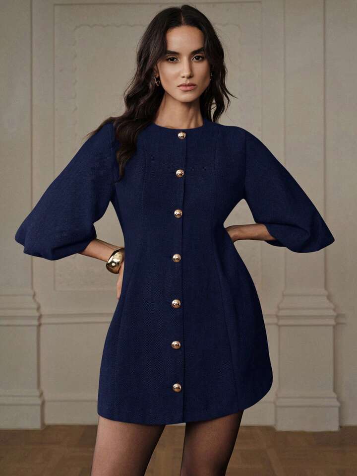 CM-DS277006 Women Elegant Seoul Style Round Neck Lantern Sleeve Single-Breasted Herringbone Knit Dress - Blue