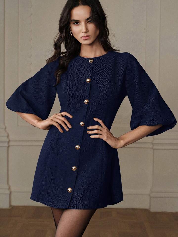 CM-DS277006 Women Elegant Seoul Style Round Neck Lantern Sleeve Single-Breasted Herringbone Knit Dress - Blue