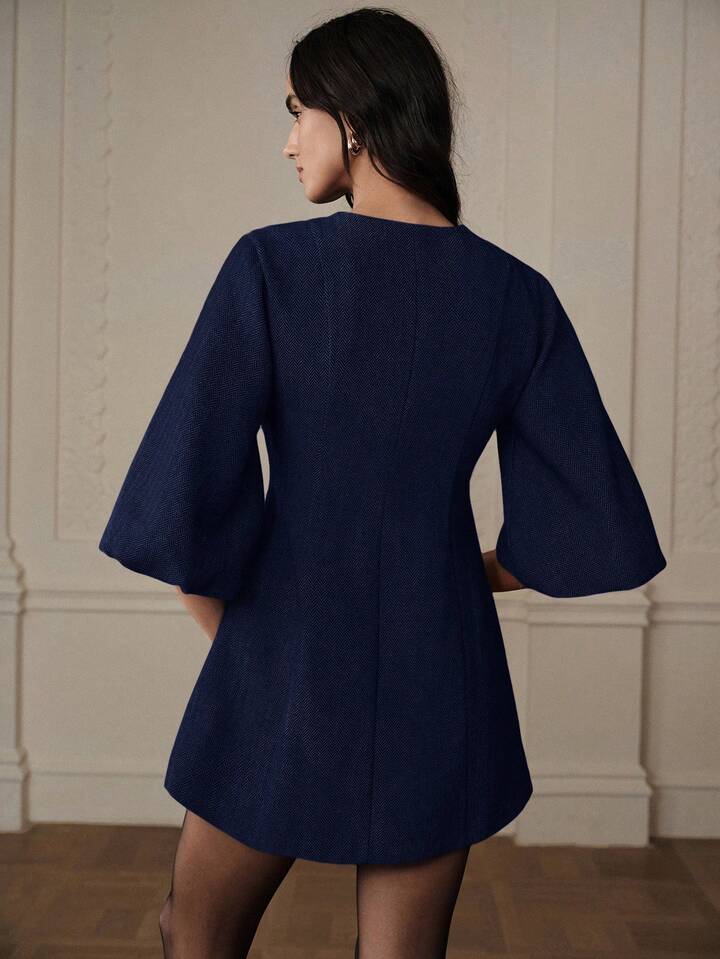 CM-DS277006 Women Elegant Seoul Style Round Neck Lantern Sleeve Single-Breasted Herringbone Knit Dress - Blue