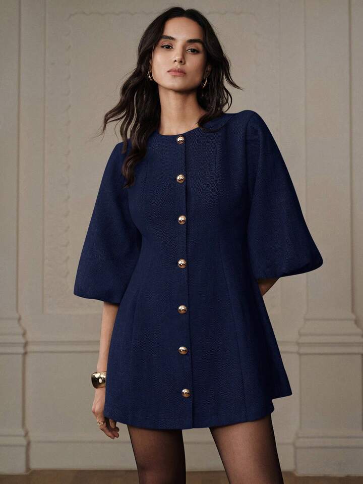 CM-DS277006 Women Elegant Seoul Style Round Neck Lantern Sleeve Single-Breasted Herringbone Knit Dress - Blue