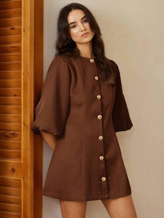 CM-DS259840 Women Elegant Seoul Style Round Neck Lantern Sleeve Single-Breasted Herringbone Knit Dress - Brown