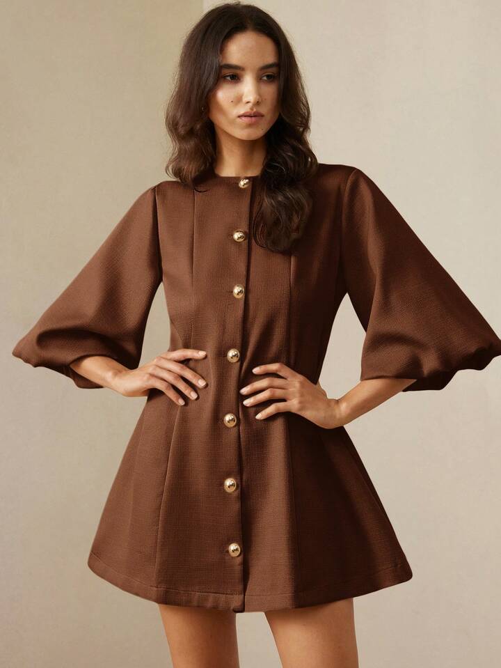 CM-DS259840 Women Elegant Seoul Style Round Neck Lantern Sleeve Single-Breasted Herringbone Knit Dress - Brown