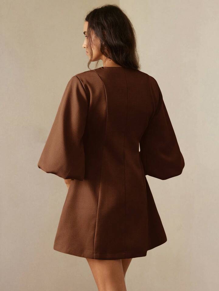 CM-DS259840 Women Elegant Seoul Style Round Neck Lantern Sleeve Single-Breasted Herringbone Knit Dress - Brown
