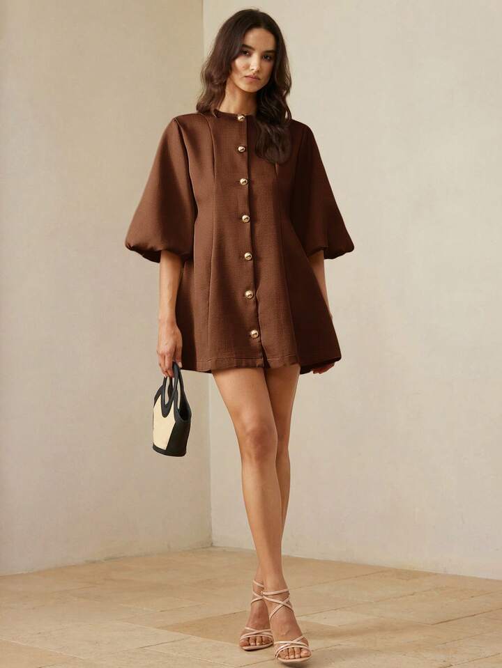 CM-DS259840 Women Elegant Seoul Style Round Neck Lantern Sleeve Single-Breasted Herringbone Knit Dress - Brown