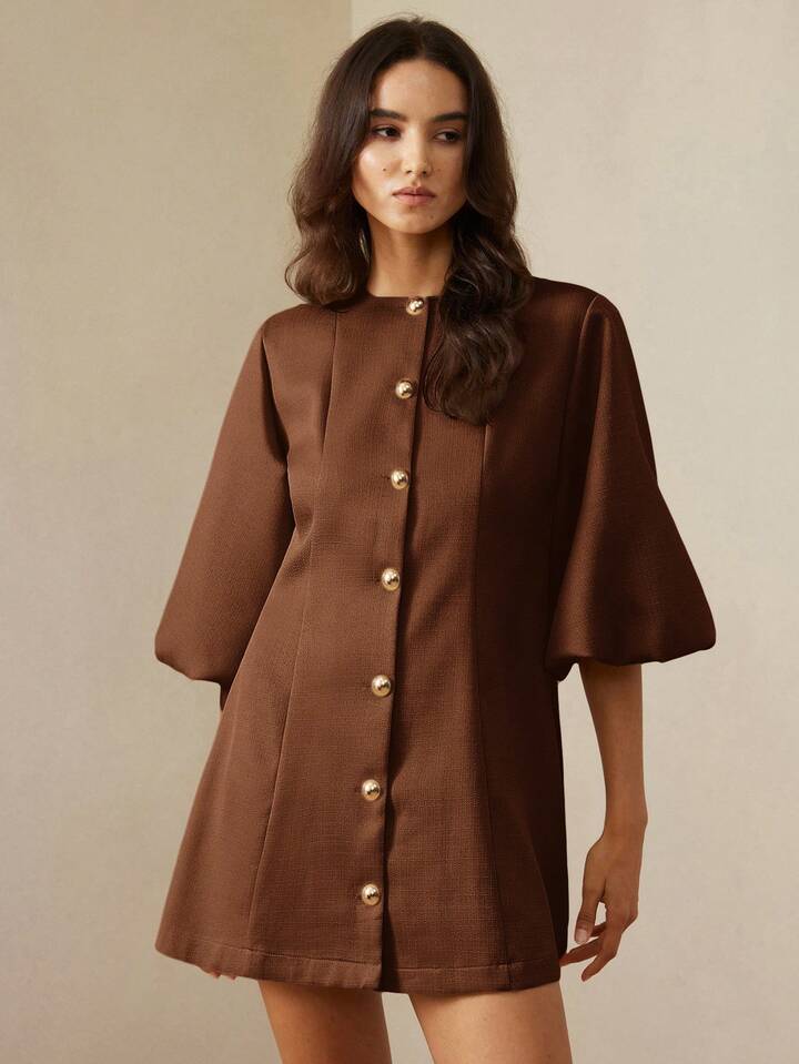 CM-DS259840 Women Elegant Seoul Style Round Neck Lantern Sleeve Single-Breasted Herringbone Knit Dress - Brown