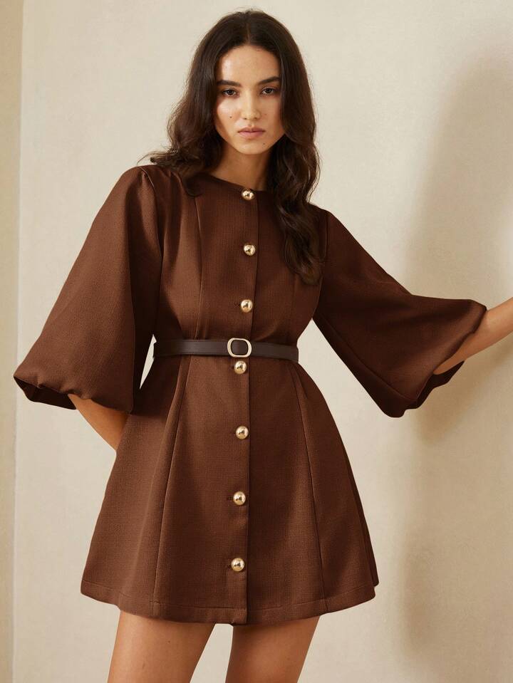 CM-DS259840 Women Elegant Seoul Style Round Neck Lantern Sleeve Single-Breasted Herringbone Knit Dress - Brown