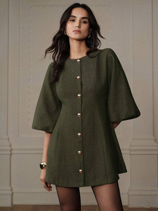 CM-DS787731 Women Elegant Seoul Style Round Neck Lantern Sleeve Single-Breasted Herringbone Knit Dress - Green
