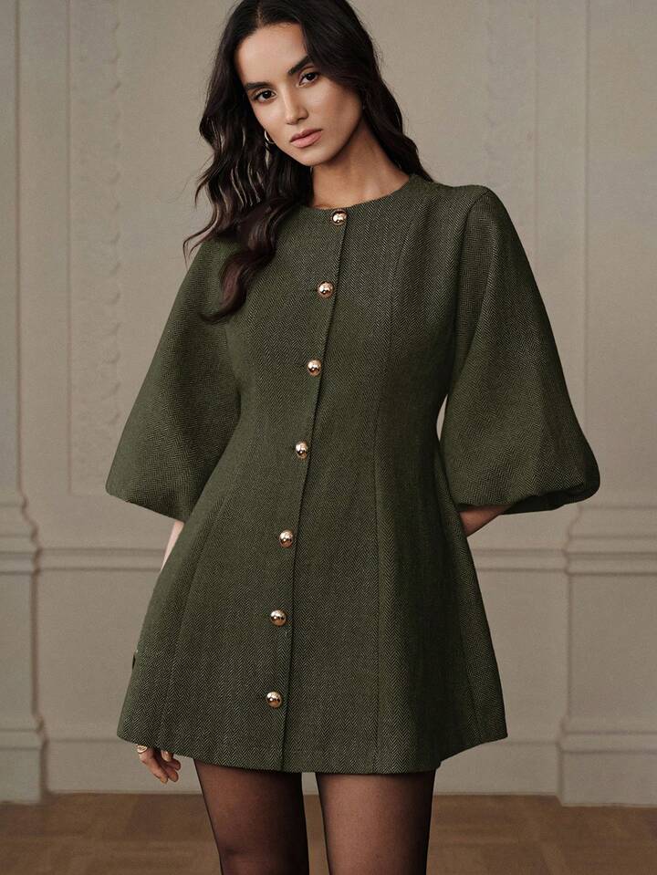 CM-DS787731 Women Elegant Seoul Style Round Neck Lantern Sleeve Single-Breasted Herringbone Knit Dress - Green