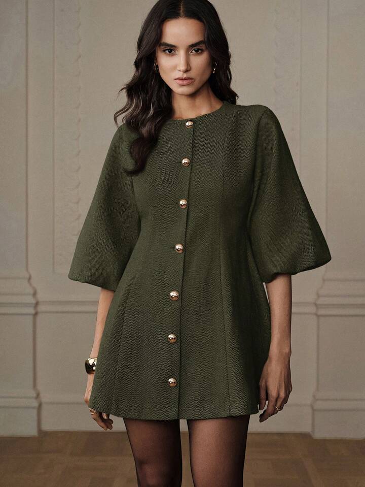 CM-DS787731 Women Elegant Seoul Style Round Neck Lantern Sleeve Single-Breasted Herringbone Knit Dress - Green