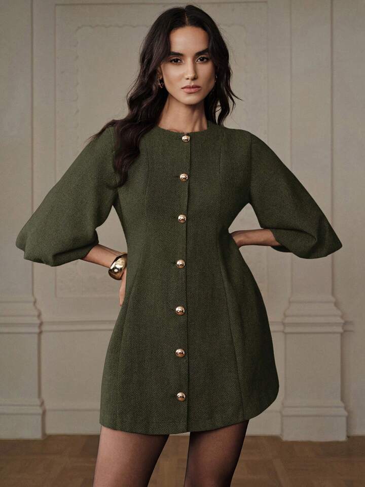 CM-DS787731 Women Elegant Seoul Style Round Neck Lantern Sleeve Single-Breasted Herringbone Knit Dress - Green
