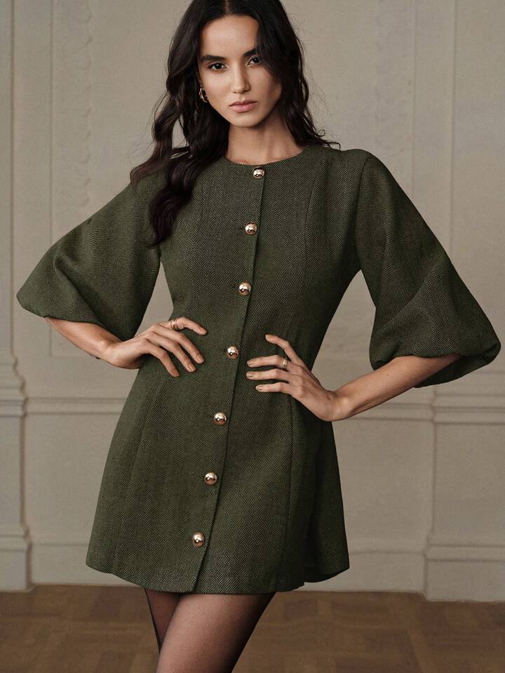 CM-DS787731 Women Elegant Seoul Style Round Neck Lantern Sleeve Single-Breasted Herringbone Knit Dress - Green