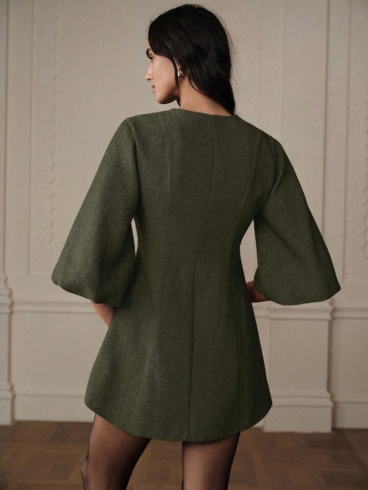 CM-DS787731 Women Elegant Seoul Style Round Neck Lantern Sleeve Single-Breasted Herringbone Knit Dress - Green