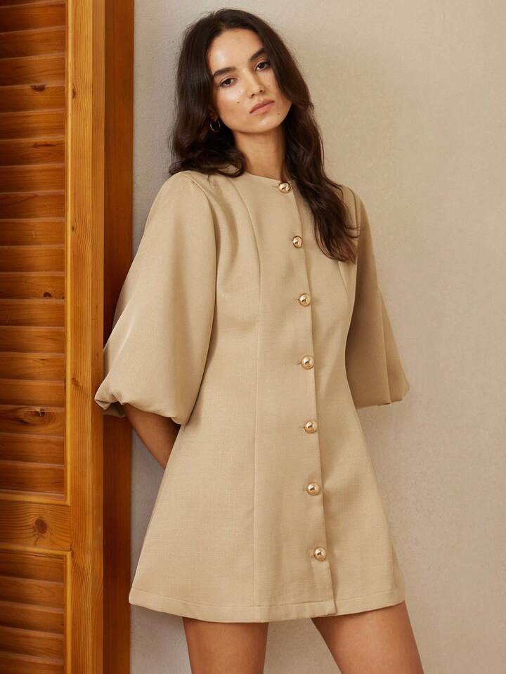 CM-DS327789 Women Elegant Seoul Style Round Neck Lantern Sleeve Single-Breasted Herringbone Knit Dress - Khaki
