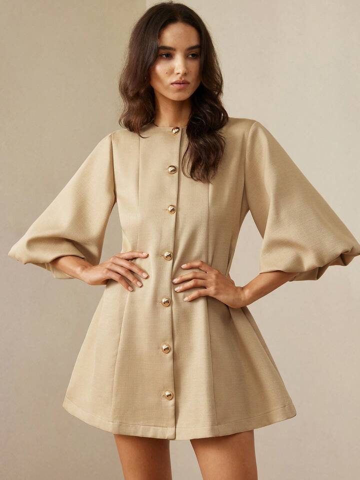 CM-DS327789 Women Elegant Seoul Style Round Neck Lantern Sleeve Single-Breasted Herringbone Knit Dress - Khaki