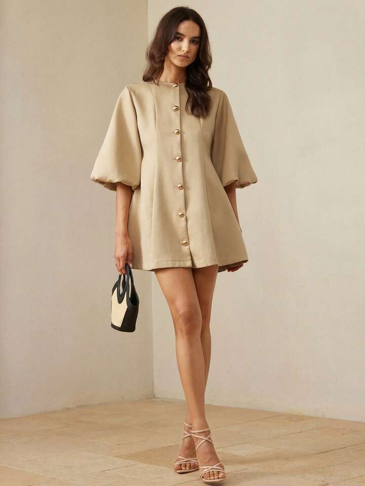 CM-DS327789 Women Elegant Seoul Style Round Neck Lantern Sleeve Single-Breasted Herringbone Knit Dress - Khaki