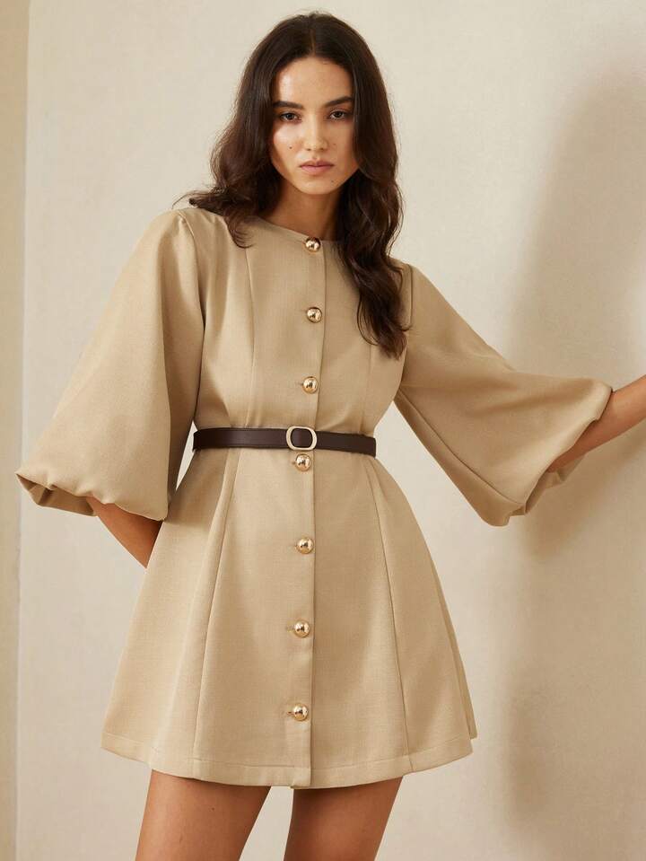 CM-DS327789 Women Elegant Seoul Style Round Neck Lantern Sleeve Single-Breasted Herringbone Knit Dress - Khaki