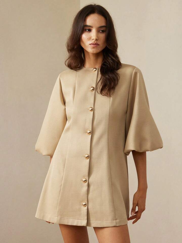 CM-DS327789 Women Elegant Seoul Style Round Neck Lantern Sleeve Single-Breasted Herringbone Knit Dress - Khaki
