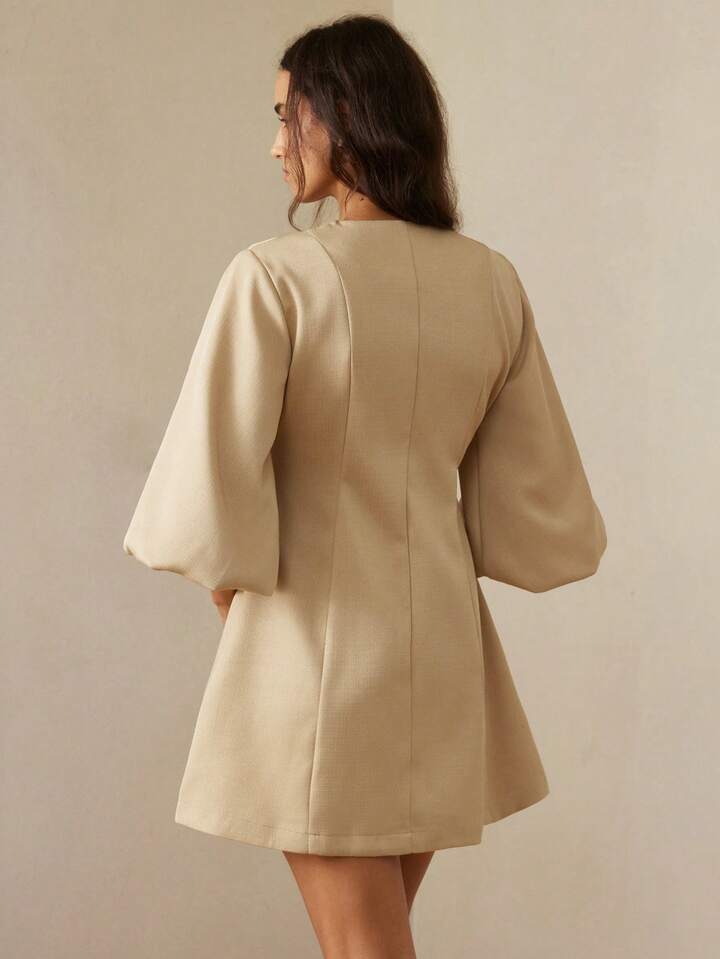 CM-DS327789 Women Elegant Seoul Style Round Neck Lantern Sleeve Single-Breasted Herringbone Knit Dress - Khaki