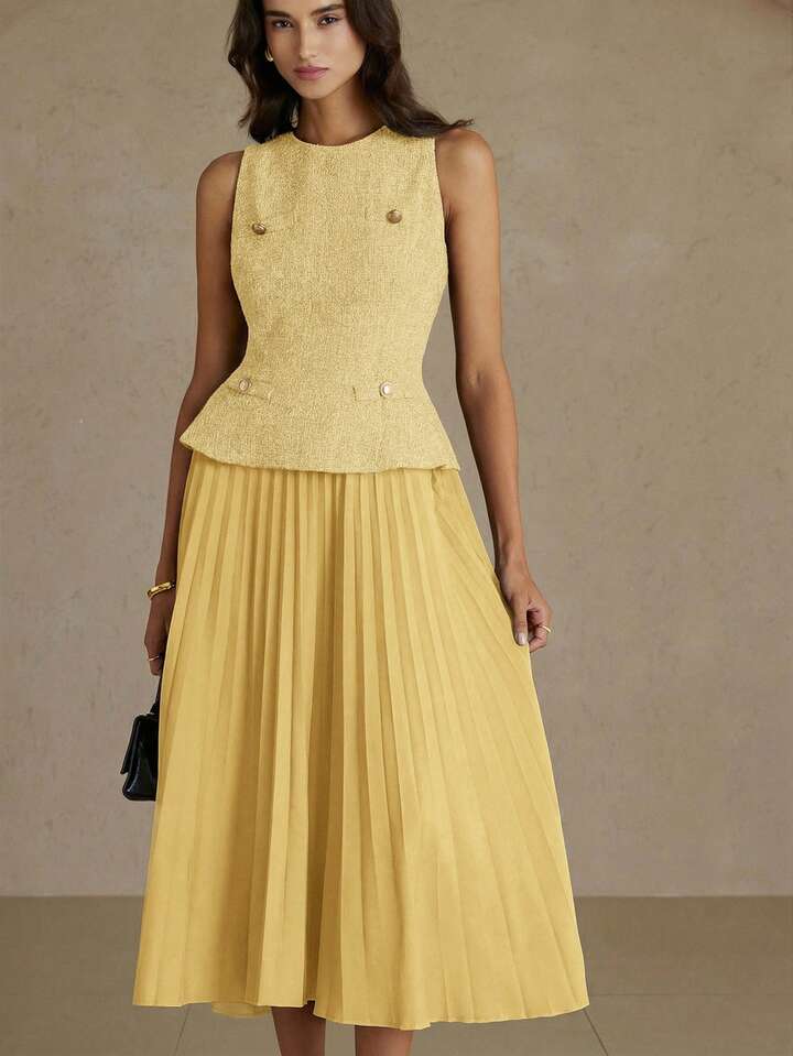 CM-DS493674 Women Elegant Seoul Style Round Neck Sleeveless Pleated Waist A-Line Midi Dress - Yellow