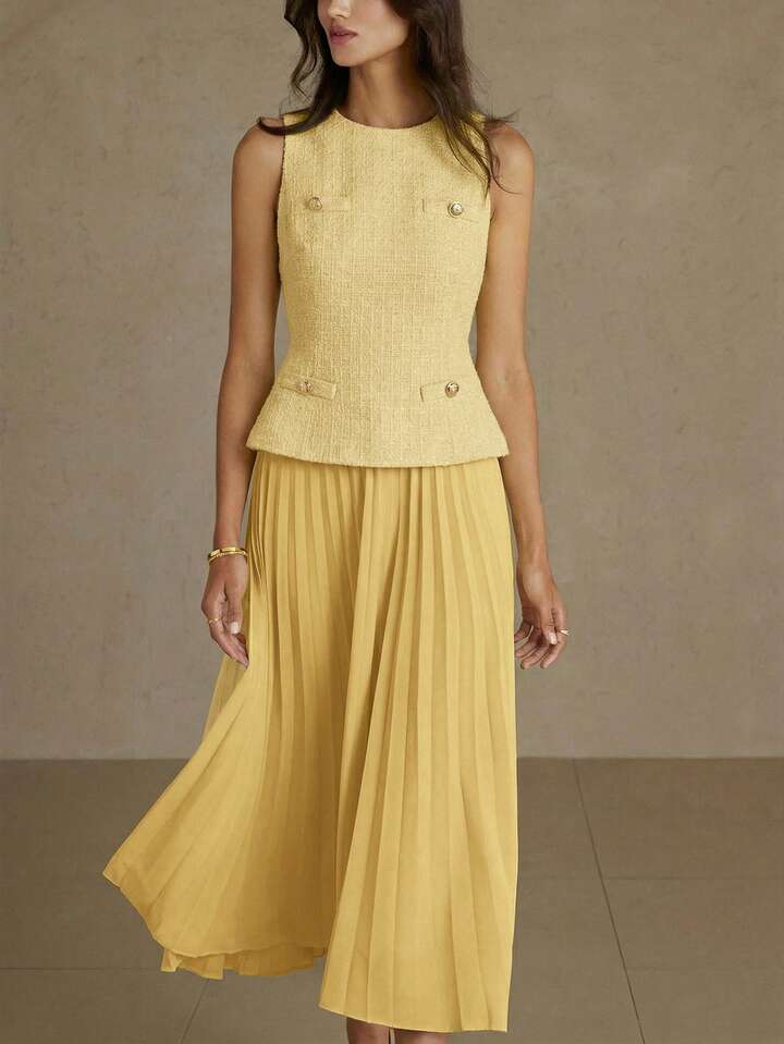 CM-DS493674 Women Elegant Seoul Style Round Neck Sleeveless Pleated Waist A-Line Midi Dress - Yellow