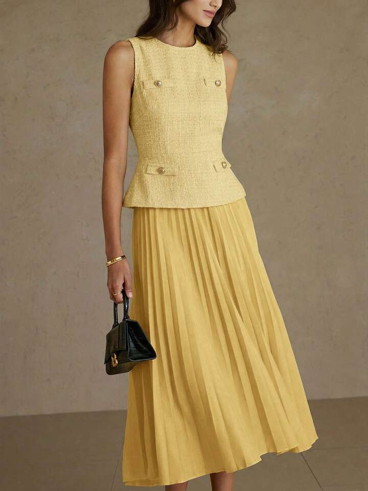 CM-DS493674 Women Elegant Seoul Style Round Neck Sleeveless Pleated Waist A-Line Midi Dress - Yellow