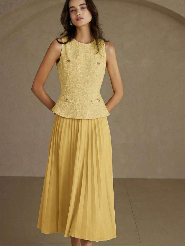 CM-DS493674 Women Elegant Seoul Style Round Neck Sleeveless Pleated Waist A-Line Midi Dress - Yellow