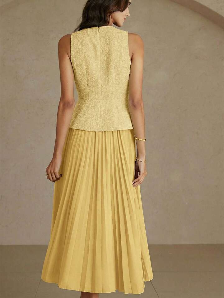 CM-DS493674 Women Elegant Seoul Style Round Neck Sleeveless Pleated Waist A-Line Midi Dress - Yellow