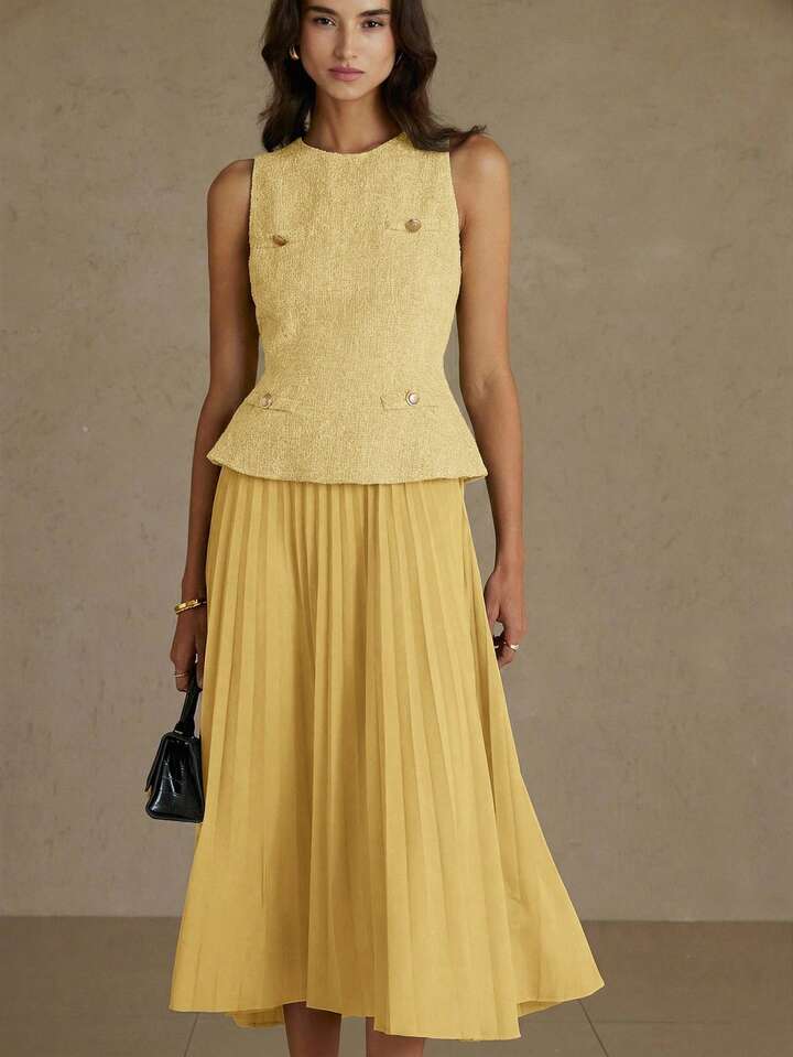 CM-DS493674 Women Elegant Seoul Style Round Neck Sleeveless Pleated Waist A-Line Midi Dress - Yellow