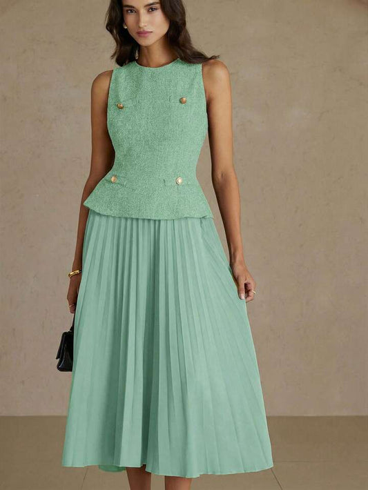 CM-DS874640 Women Elegant Seoul Style Round Neck Sleeveless Pleated Waist A-Line Midi Dress - Mint Green
