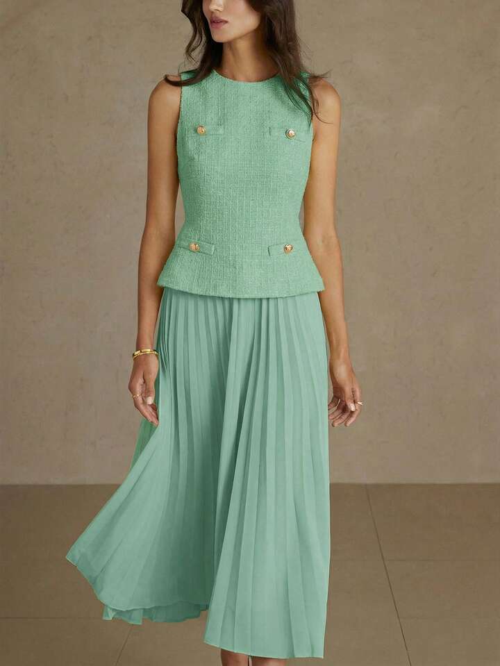 CM-DS874640 Women Elegant Seoul Style Round Neck Sleeveless Pleated Waist A-Line Midi Dress - Mint Green