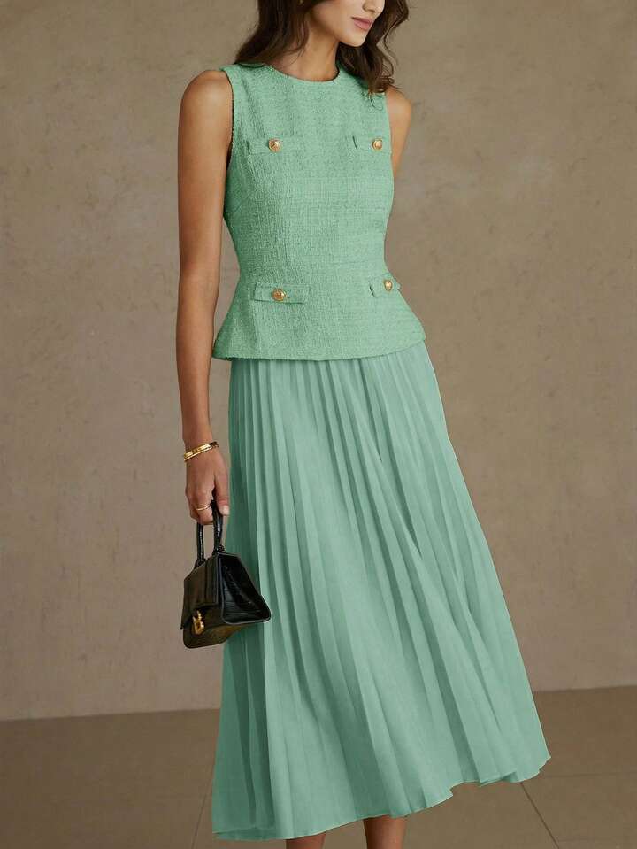 CM-DS874640 Women Elegant Seoul Style Round Neck Sleeveless Pleated Waist A-Line Midi Dress - Mint Green