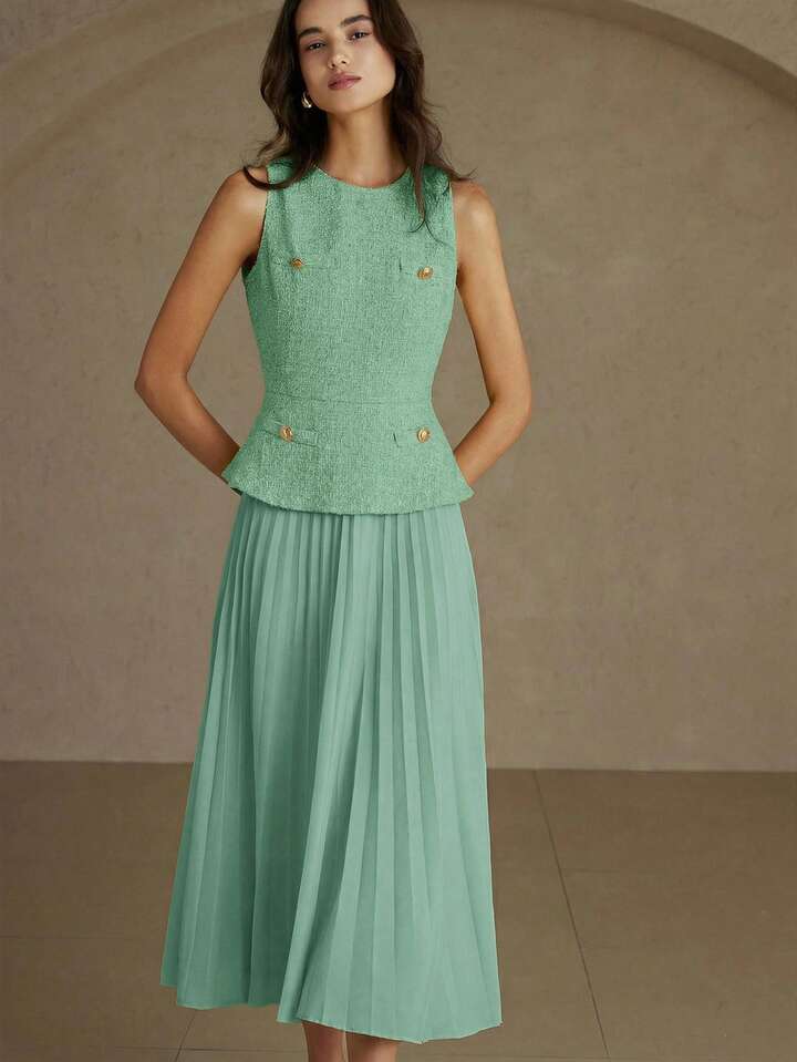 CM-DS874640 Women Elegant Seoul Style Round Neck Sleeveless Pleated Waist A-Line Midi Dress - Mint Green