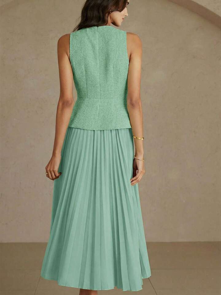 CM-DS874640 Women Elegant Seoul Style Round Neck Sleeveless Pleated Waist A-Line Midi Dress - Mint Green
