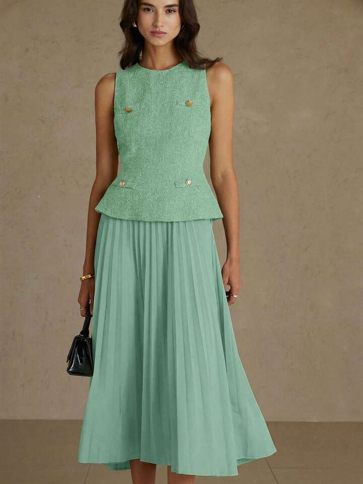 CM-DS874640 Women Elegant Seoul Style Round Neck Sleeveless Pleated Waist A-Line Midi Dress - Mint Green