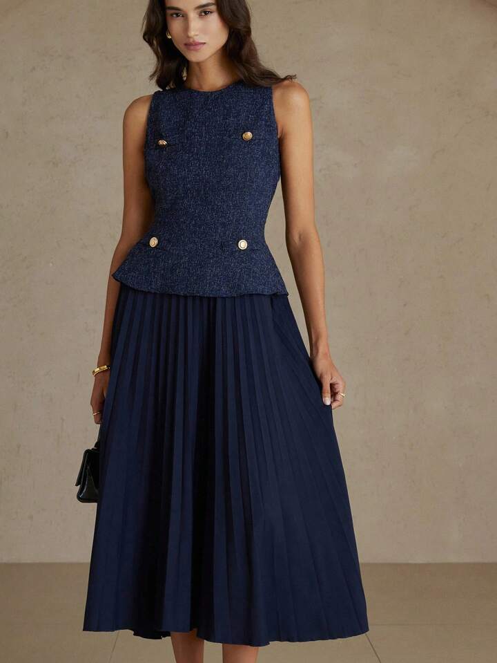 CM-DS008133 Women Elegant Seoul Style Round Neck Sleeveless Pleated Waist A-Line Midi Dress - Navy Blue