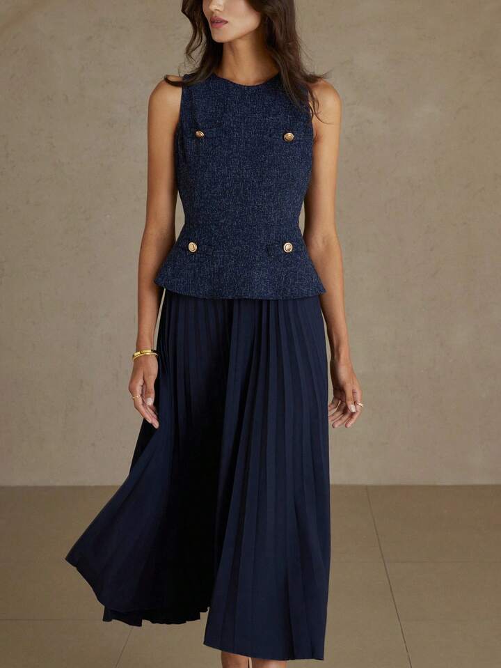 CM-DS008133 Women Elegant Seoul Style Round Neck Sleeveless Pleated Waist A-Line Midi Dress - Navy Blue