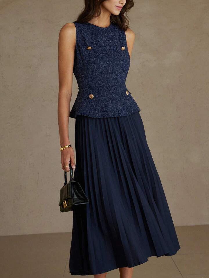 CM-DS008133 Women Elegant Seoul Style Round Neck Sleeveless Pleated Waist A-Line Midi Dress - Navy Blue