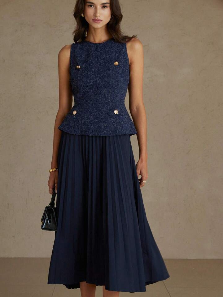 CM-DS008133 Women Elegant Seoul Style Round Neck Sleeveless Pleated Waist A-Line Midi Dress - Navy Blue